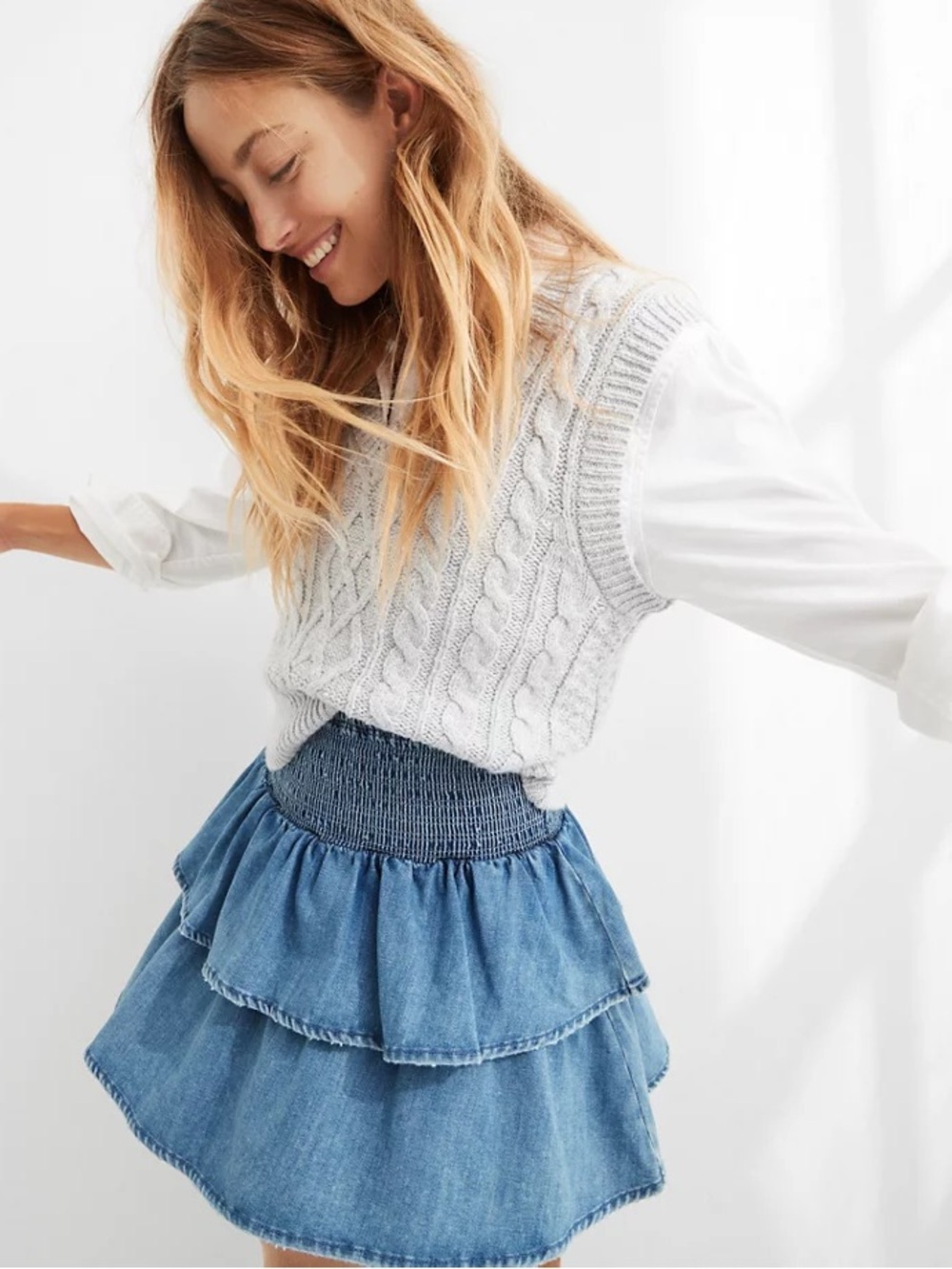 Aerie Frills 'N' Thrills Smocked Tiered Denim Mini Skirt
